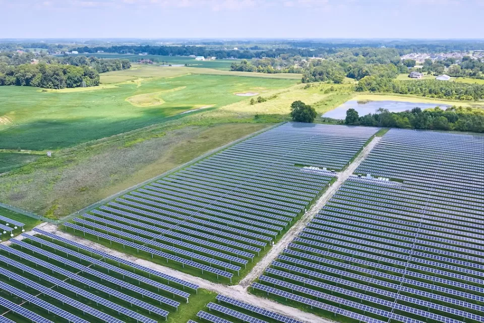 Large solar installation near farms in U.S. Midwest.